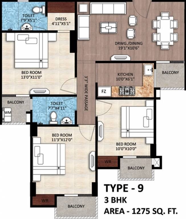 Floor plan of 3 BHK 1275 Sq. Ft. Apartment in Rudra Buddha Enclave, Varanasi