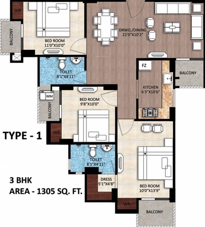 Floor plan of 3 BHK 1305 Sq. Ft. Apartment in Rudra Buddha Enclave, Varanasi