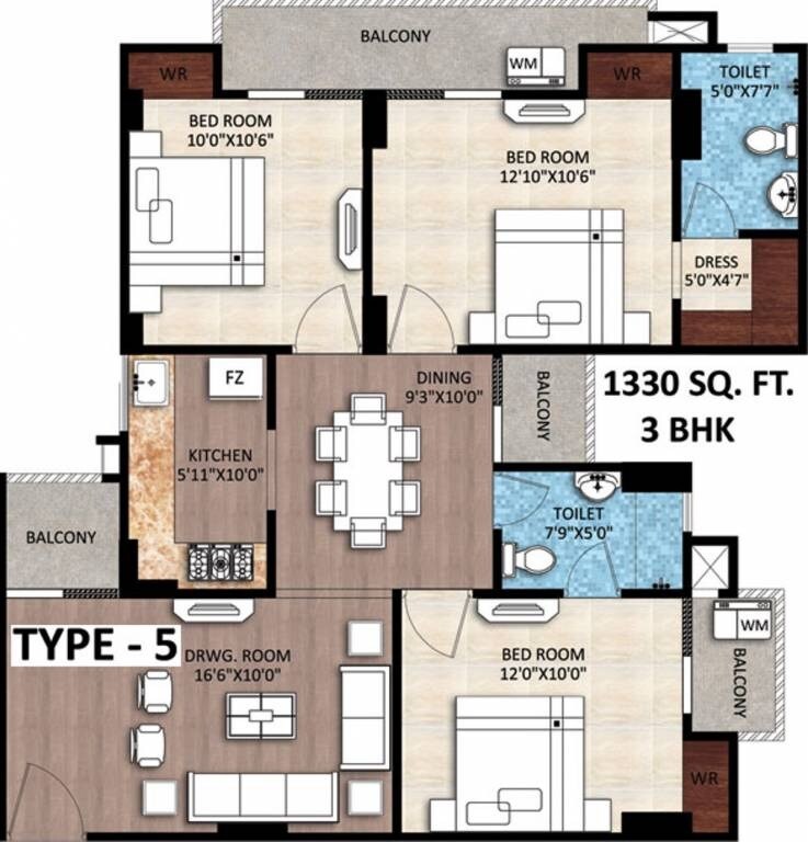 Floor plan of 3 BHK 1330 Sq. Ft. Apartment in Rudra Buddha Enclave, Varanasi