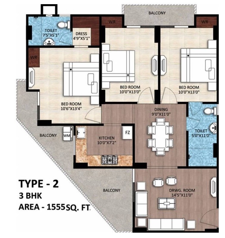 Floor plan of 3 BHK 1555 Sq. Ft. Apartment in Rudra Buddha Enclave, Varanasi