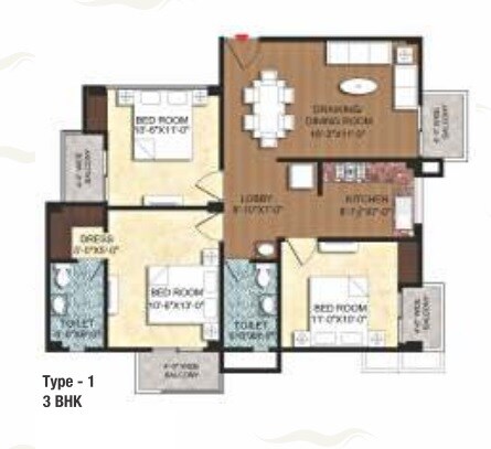 Floor plan of 3 BHK 750 Sq. Ft. Apartment in Rudra Ganges, Varanasi