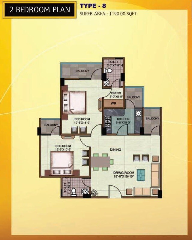 Floor plan of 2 BHK 1190 Sq. Ft. Apartment in Rudra Heights, Varanasi