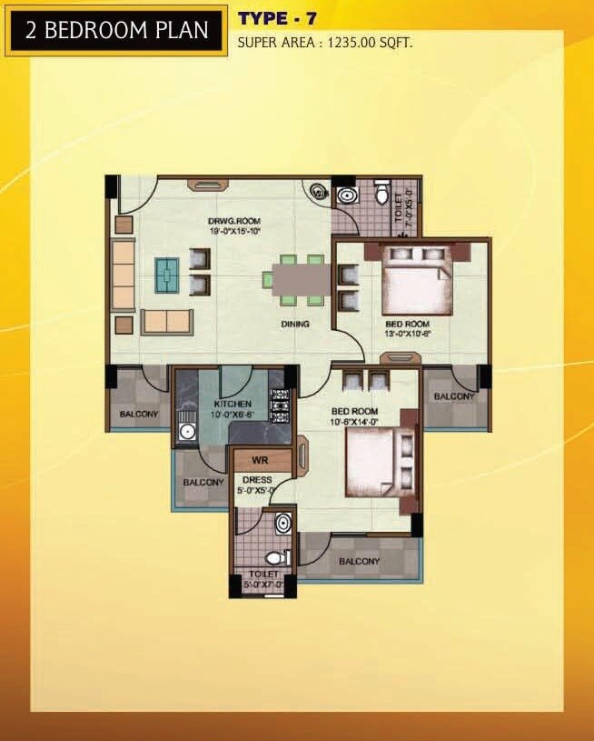 Floor plan of 2 BHK 1235 Sq. Ft. Apartment in Rudra Heights, Varanasi