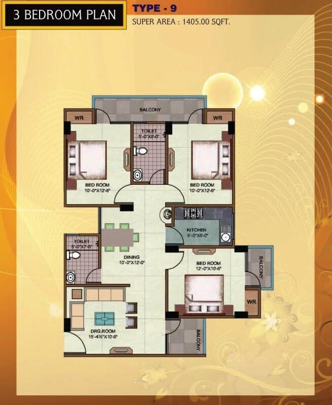 Floor plan of 3 BHK 1405 Sq. Ft. Apartment in Rudra Heights, Varanasi