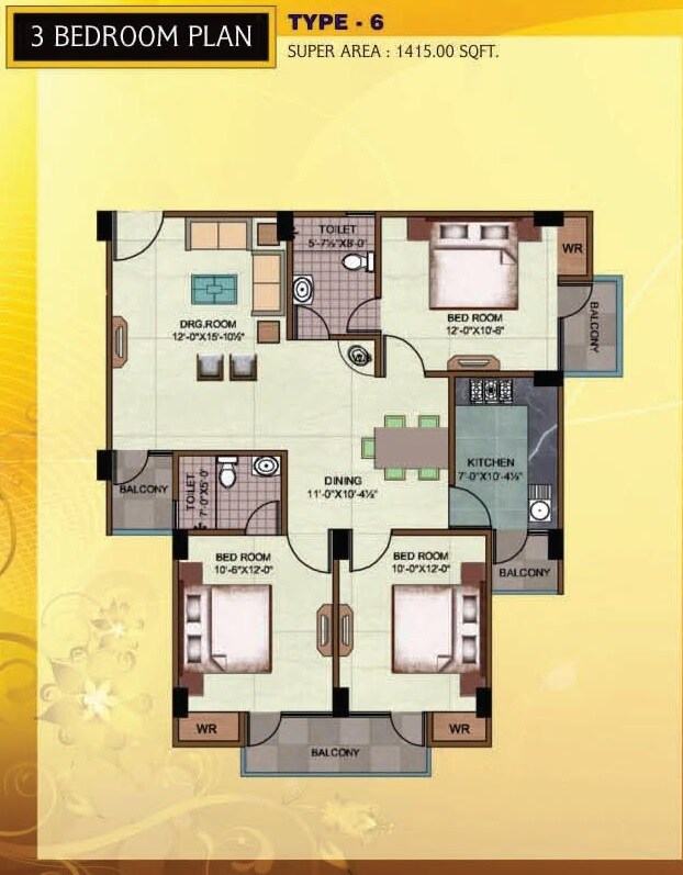 Floor plan of 3 BHK 1415 Sq. Ft. Apartment in Rudra Heights, Varanasi