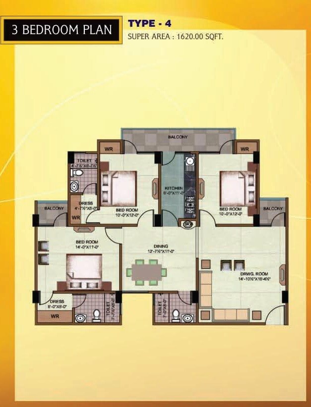Floor plan of 3 BHK 1620 Sq. Ft. Apartment in Rudra Heights, Varanasi