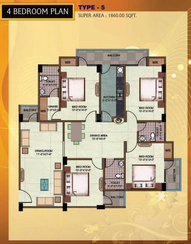 Floor plan of 4 BHK 1860 Sq. Ft. Apartment in Rudra Heights, Varanasi