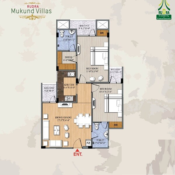 Floor plan of 2 BHK 804 Sq. Ft. Apartment in Rudra Mukund Villas, Varanasi