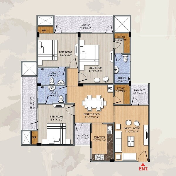 Floor plan of 3 BHK 1121 Sq. Ft. Apartment in Rudra Mukund Villas, Varanasi