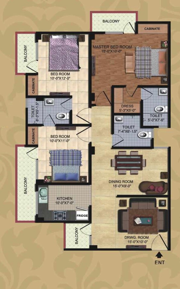 Floor plan of 3 BHK 1545 Sq. Ft. Apartment in Rudra Prestige, Varanasi