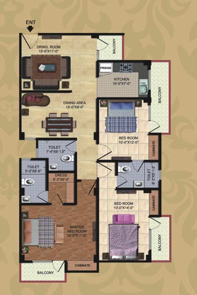 Floor plan of 3 BHK 1645 Sq. Ft. Apartment in Rudra Prestige, Varanasi