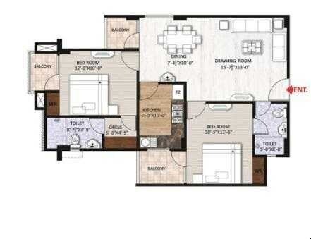Floor plan of 2 BHK 726 Sq. Ft. Apartment in Rudra Ratnam, Varanasi