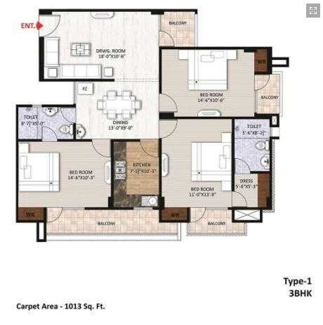 Floor plan of 3 BHK 1013 Sq. Ft. Apartment in Rudra Ratnam, Varanasi
