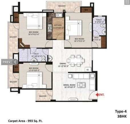 Floor plan of 3 BHK 992 Sq. Ft. Apartment in Rudra Ratnam, Varanasi