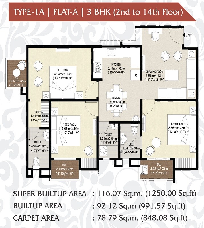 3 BHK 1250 Sq. Ft. Apartment