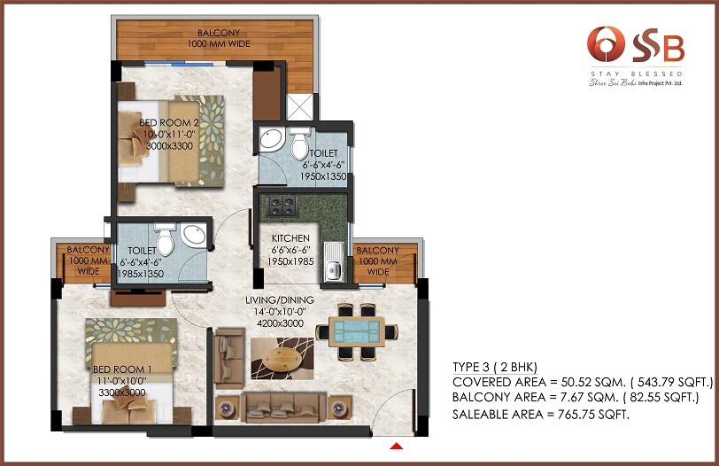 2 BHK 765 Sq. Ft. Apartment