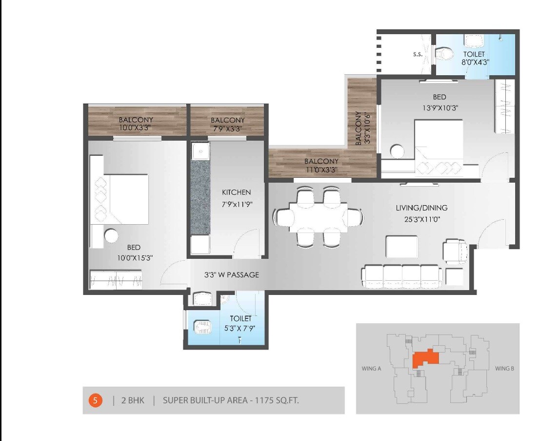 Floor plan of 2 BHK 1175 Sq. Ft. Apartment in SDS Raheja Residency, Varanasi