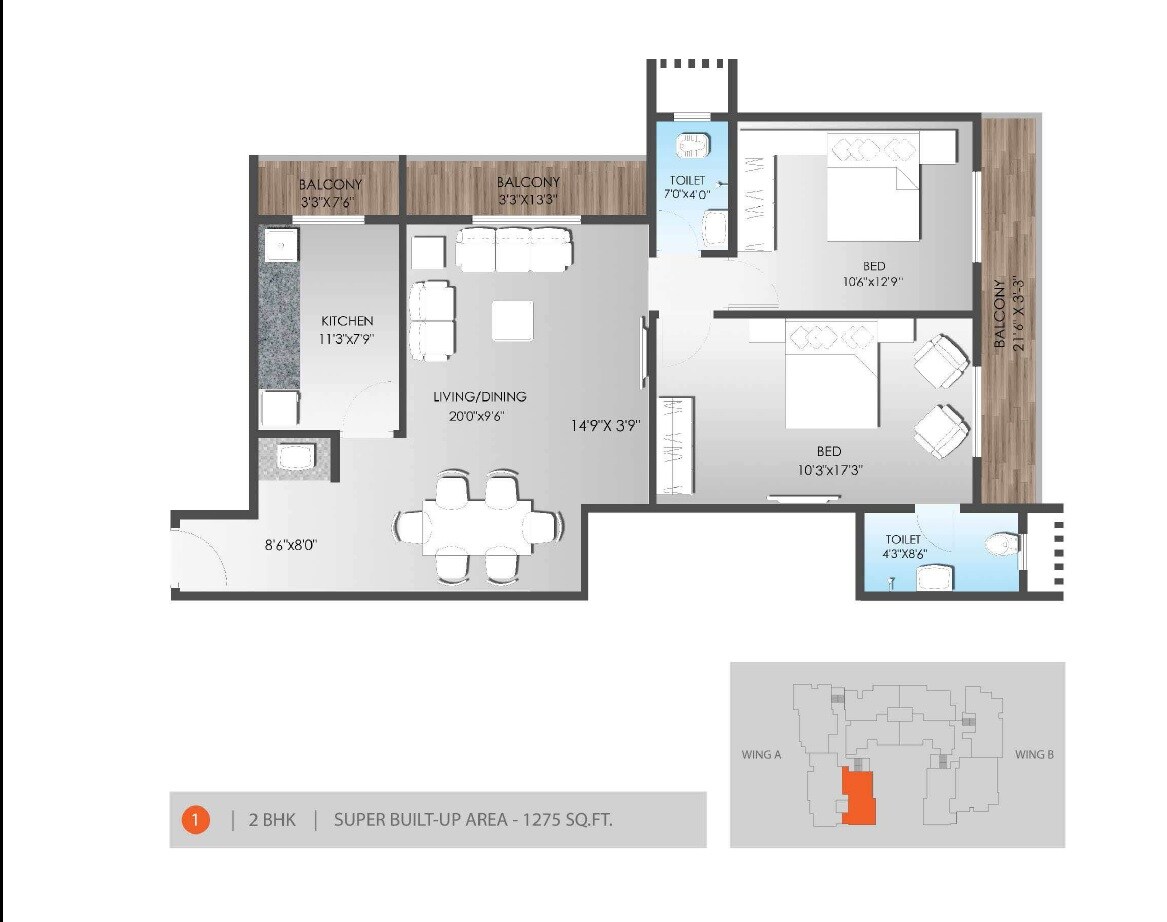 Floor plan of 2 BHK 1275 Sq. Ft. Apartment in SDS Raheja Residency, Varanasi