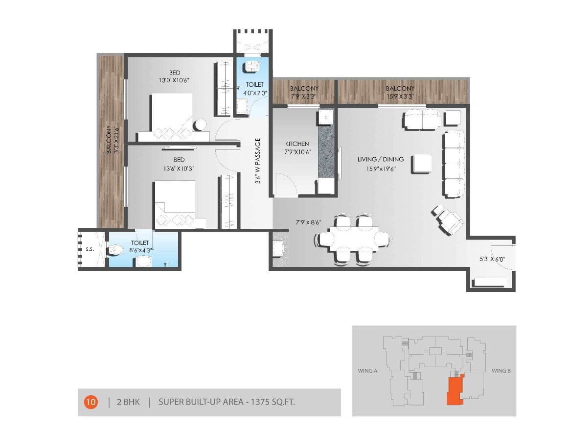 Floor plan of 2 BHK 1375 Sq. Ft. Apartment in SDS Raheja Residency, Varanasi