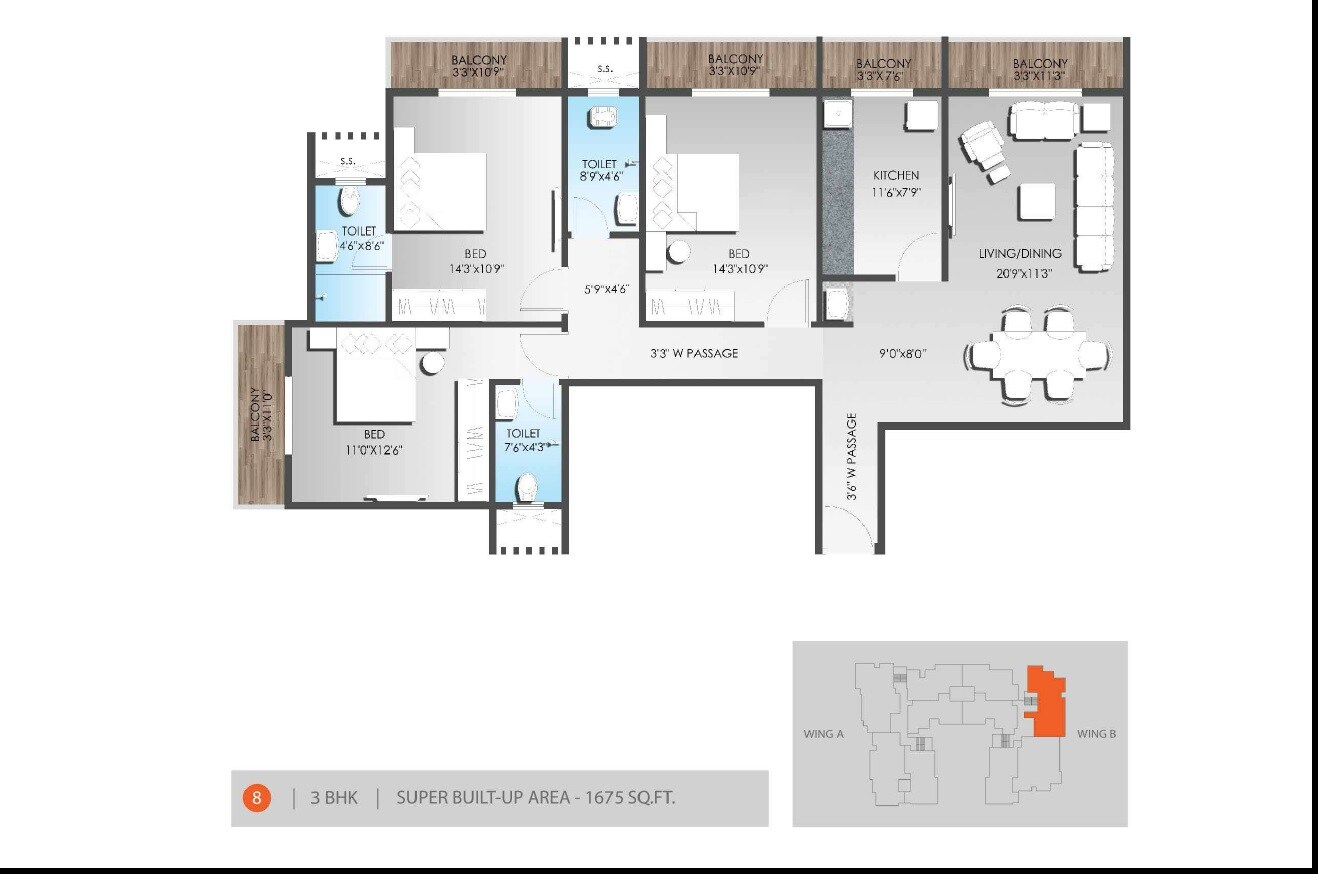 Floor plan of 3 BHK 1675 Sq. Ft. Apartment in SDS Raheja Residency, Varanasi
