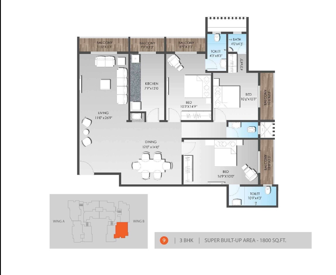 Floor plan of 3 BHK 1800 Sq. Ft. Apartment in SDS Raheja Residency, Varanasi