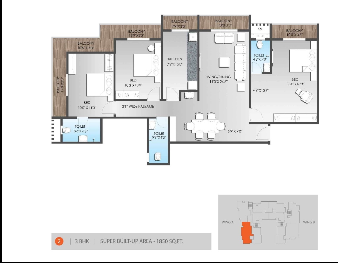 Floor plan of 3 BHK 1850 Sq. Ft. Apartment in SDS Raheja Residency, Varanasi