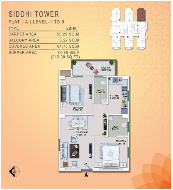 Floor plan of 2 BHK 912 Sq. Ft. Apartment in Shakuntalam Shreevinayakam Aradhya, Varanasi