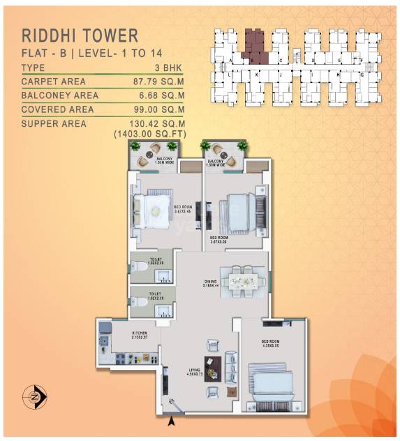 Floor plan of 3 BHK 1403 Sq. Ft. Apartment in Shakuntalam Shreevinayakam Aradhya, Varanasi