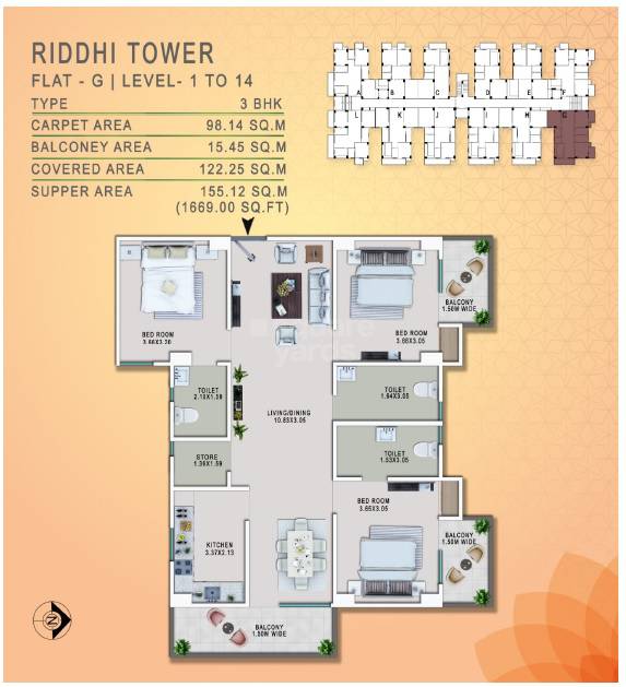 Floor plan of 3 BHK 1669 Sq. Ft. Apartment in Shakuntalam Shreevinayakam Aradhya, Varanasi