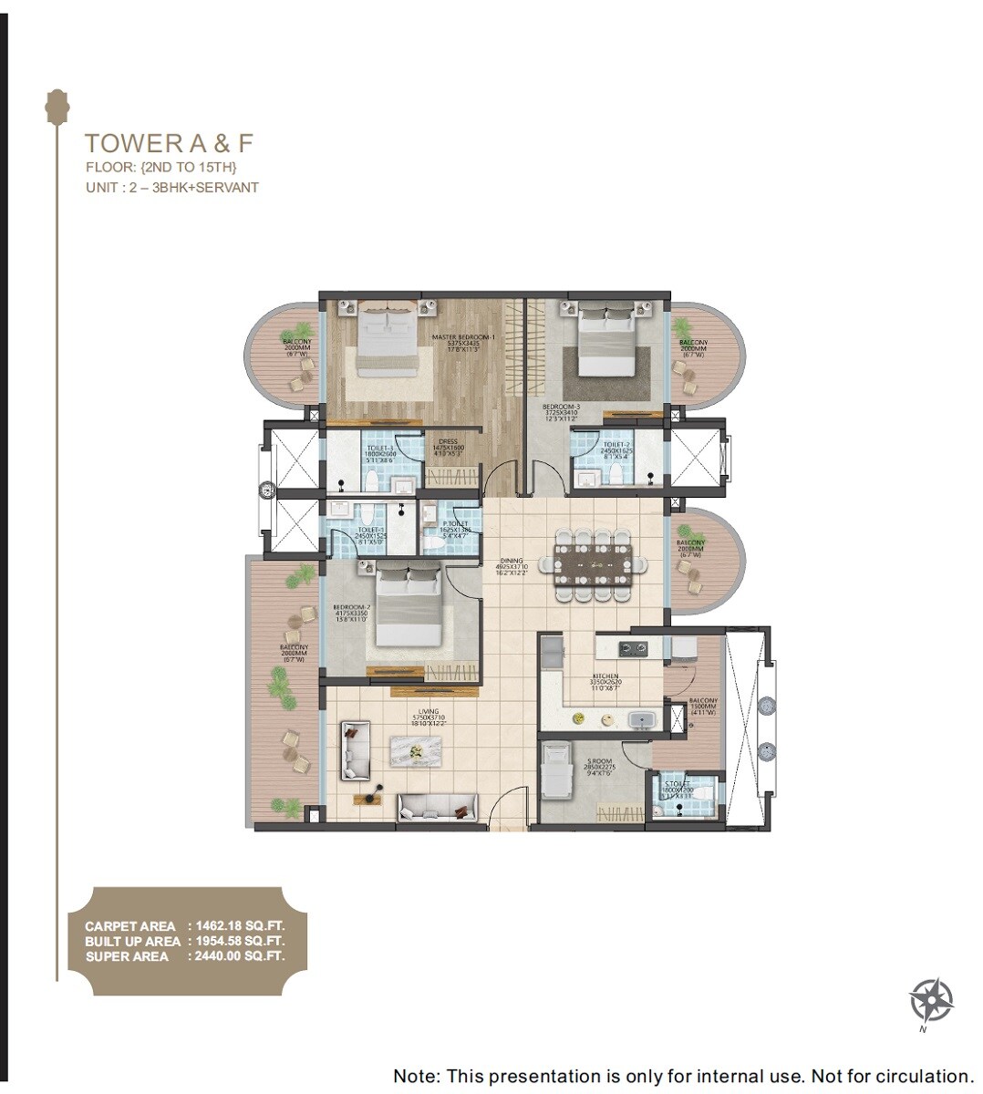 Floor plan of 3 BHK 2440 Sq. Ft. Apartment in Shalimar Courtyard, Varanasi