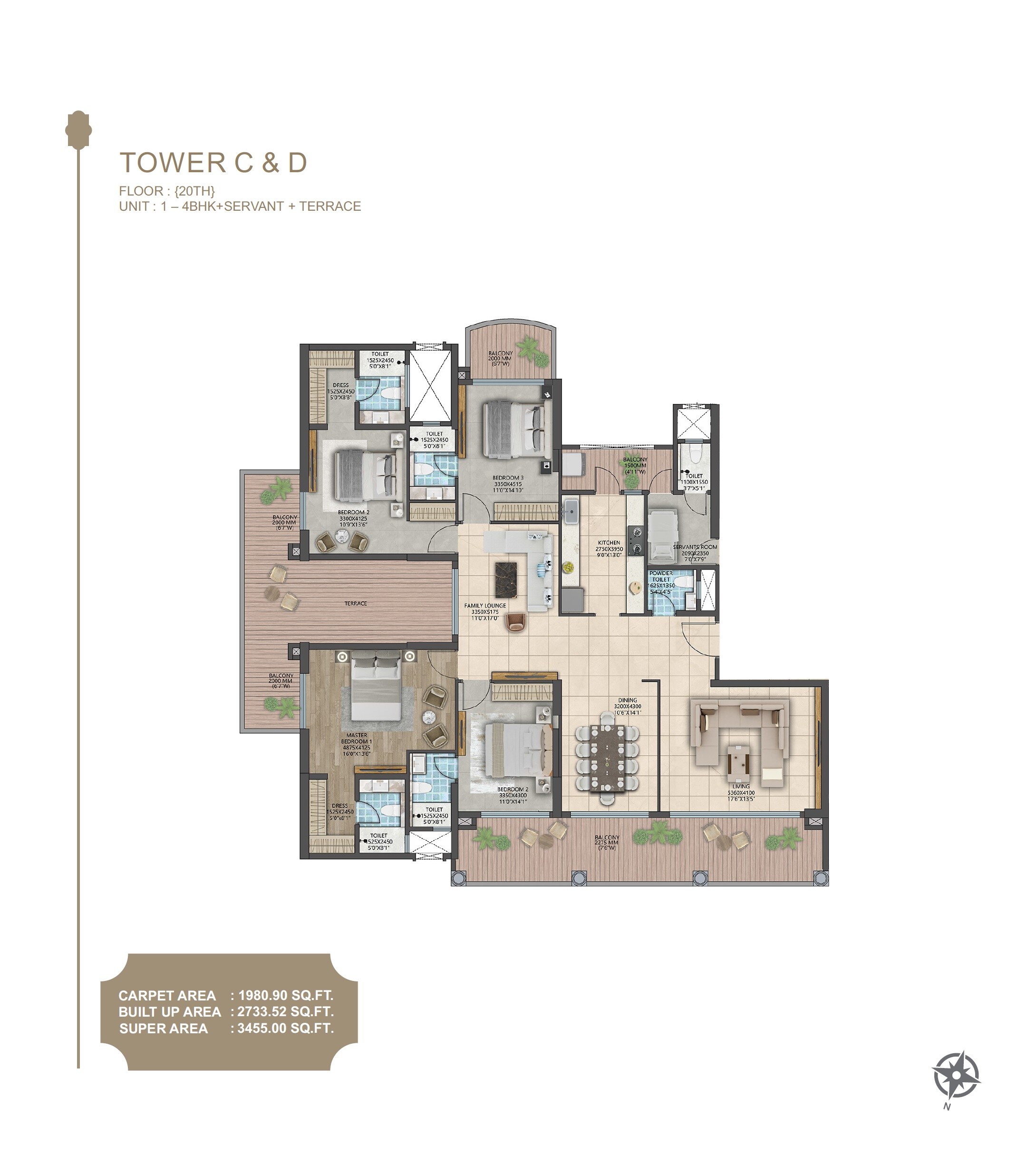 Floor plan of 4 BHK 3455 Sq. Ft. Apartment in Shalimar Courtyard, Varanasi