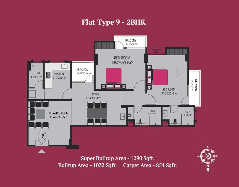 Floor plan of 2 BHK 1290 Sq. Ft. Apartment in Shapearth Raaga, Varanasi