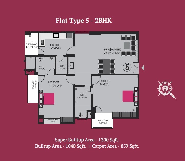 Floor plan of 2 BHK 1300 Sq. Ft. Apartment in Shapearth Raaga, Varanasi