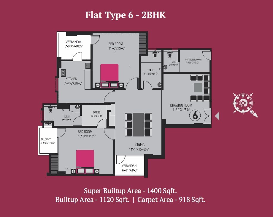 Floor plan of 2 BHK 1400 Sq. Ft. Apartment in Shapearth Raaga, Varanasi
