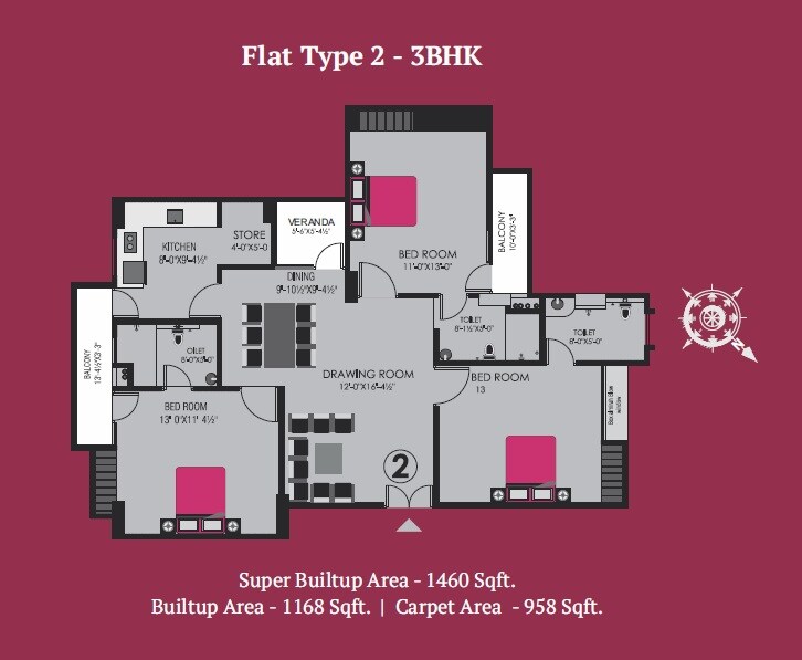 Floor plan of 3 BHK 1460 Sq. Ft. Apartment in Shapearth Raaga, Varanasi