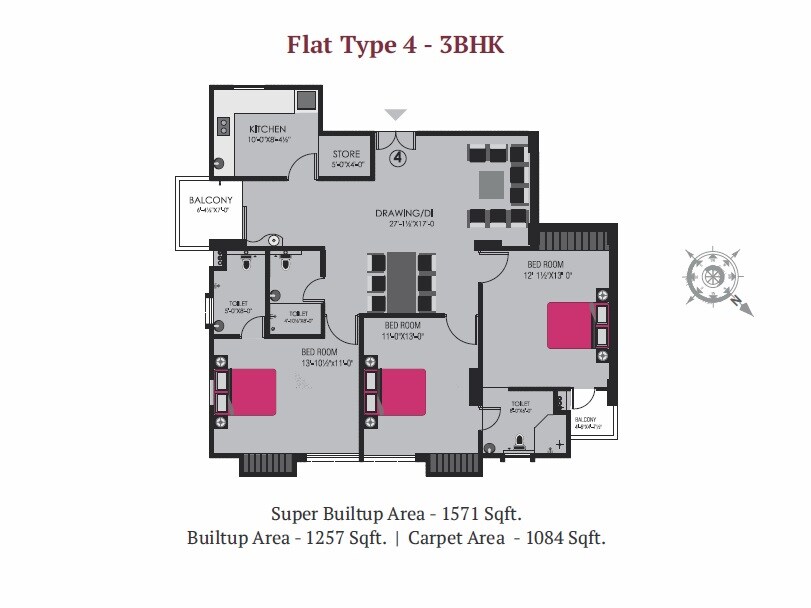 Floor plan of 3 BHK 1571 Sq. Ft. Apartment in Shapearth Raaga, Varanasi