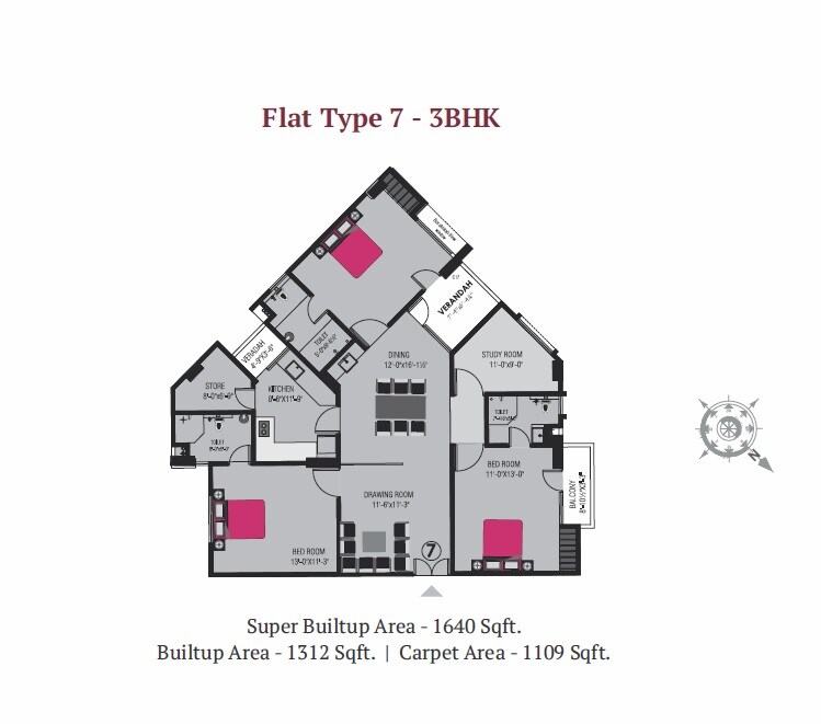 Floor plan of 3 BHK 1640 Sq. Ft. Apartment in Shapearth Raaga, Varanasi