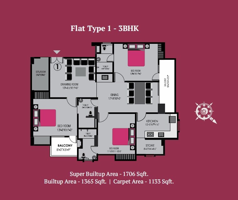 Floor plan of 3 BHK 1706 Sq. Ft. Apartment in Shapearth Raaga, Varanasi
