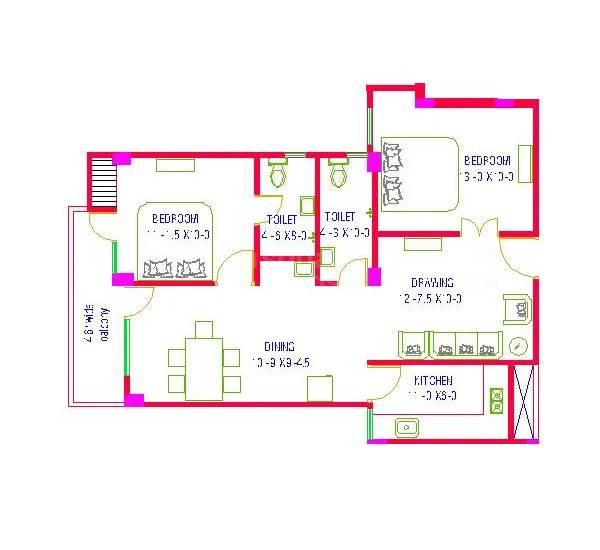 Floor plan of 2 BHK 1070 Sq. Ft. Apartment in Shree Tridev Residency, Varanasi