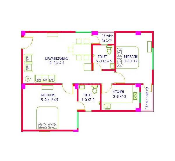 Floor plan of 2 BHK 1277 Sq. Ft. Apartment in Shree Tridev Residency, Varanasi