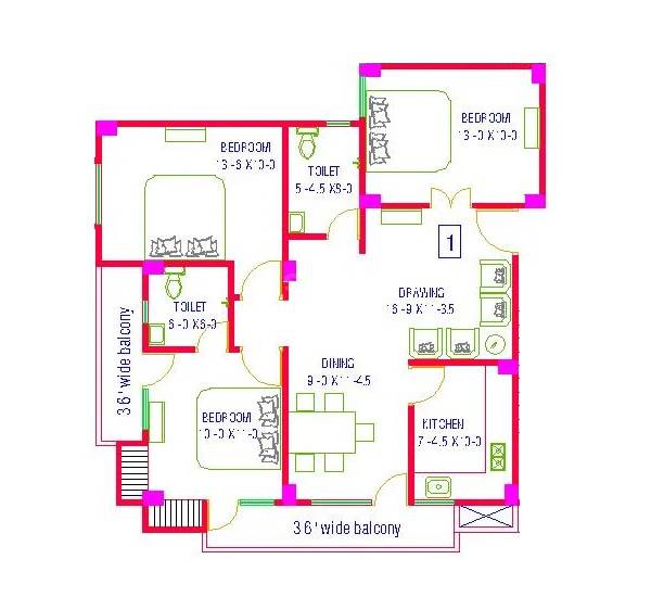 Floor plan of 3 BHK 1302 Sq. Ft. Apartment in Shree Tridev Residency, Varanasi