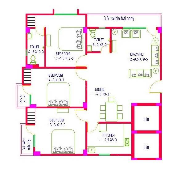 Floor plan of 3 BHK 1558 Sq. Ft. Apartment in Shree Tridev Residency, Varanasi