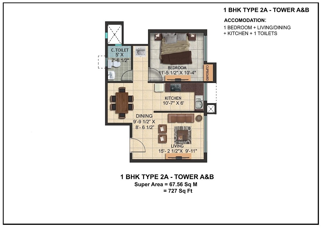 Floor plan of 1 BHK 727 Sq. Ft. Apartment in Shreemaa Sri Krishna Vilas, Varanasi