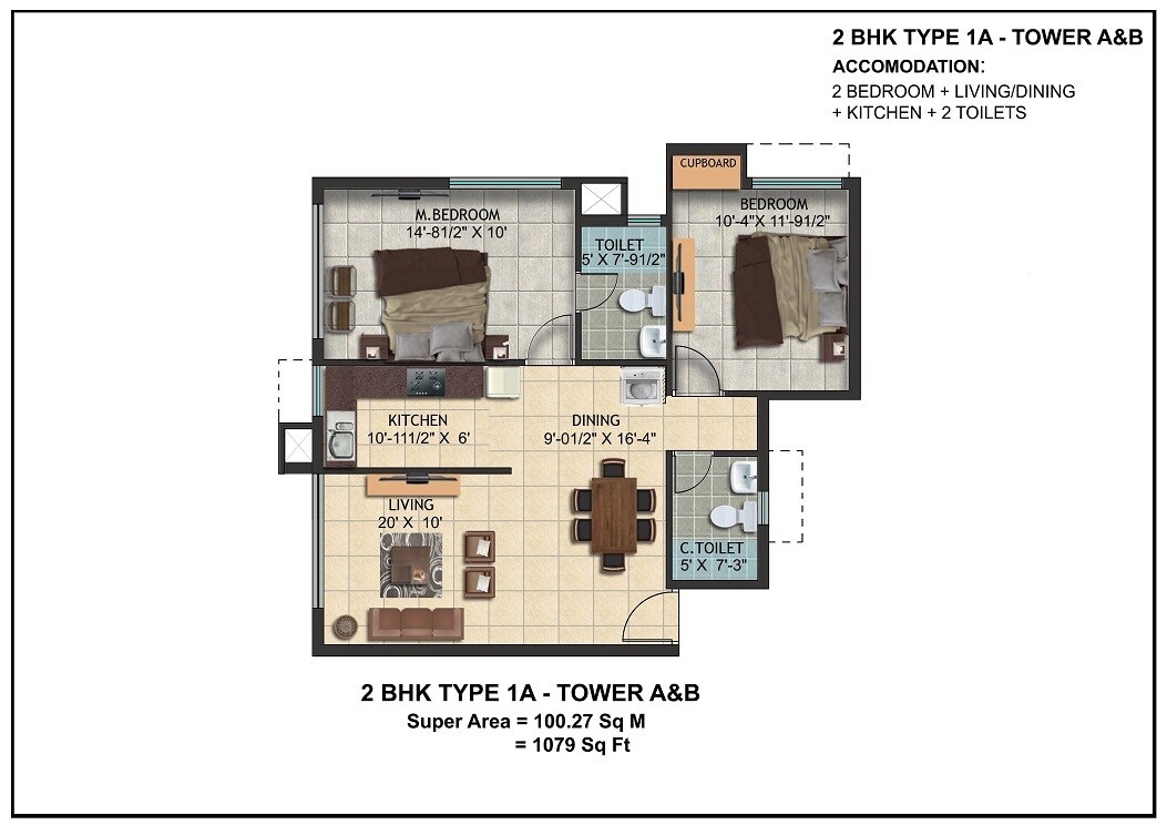 Floor plan of 2 BHK 1079 Sq. Ft. Apartment in Shreemaa Sri Krishna Vilas, Varanasi