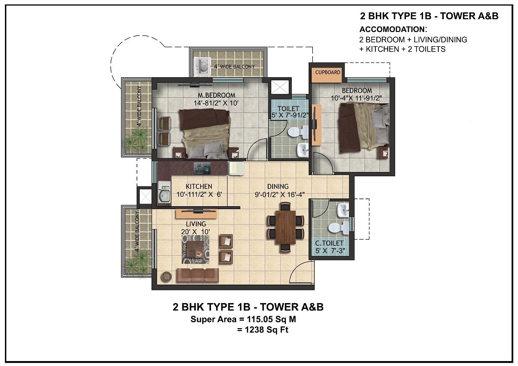 Floor plan of 2 BHK 1238 Sq. Ft. Apartment in Shreemaa Sri Krishna Vilas, Varanasi