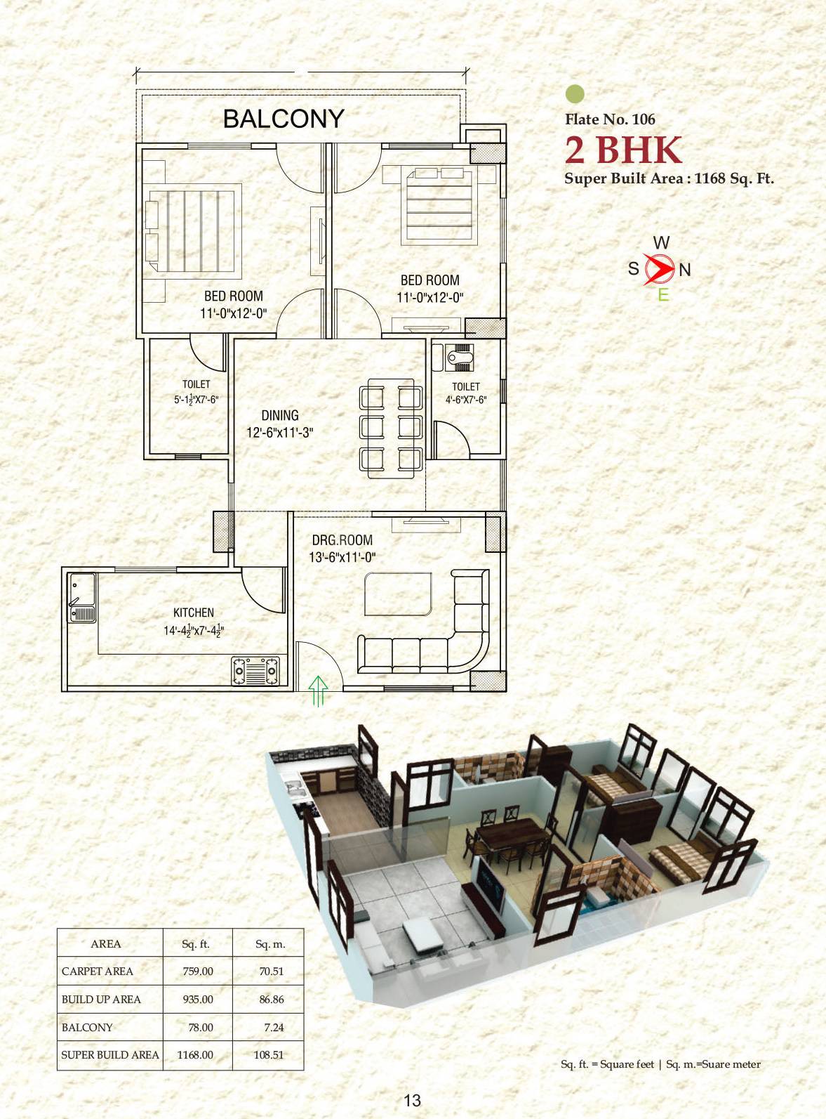 Floor plan of 2 BHK 1168 Sq. Ft. Apartment in SJRS Infracity, Varanasi