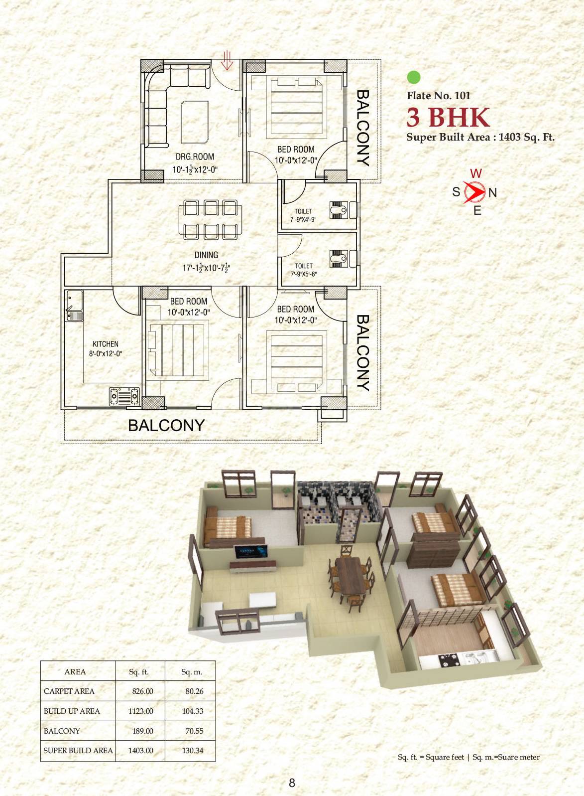 Floor plan of 3 BHK 1403 Sq. Ft. Apartment in SJRS Infracity, Varanasi