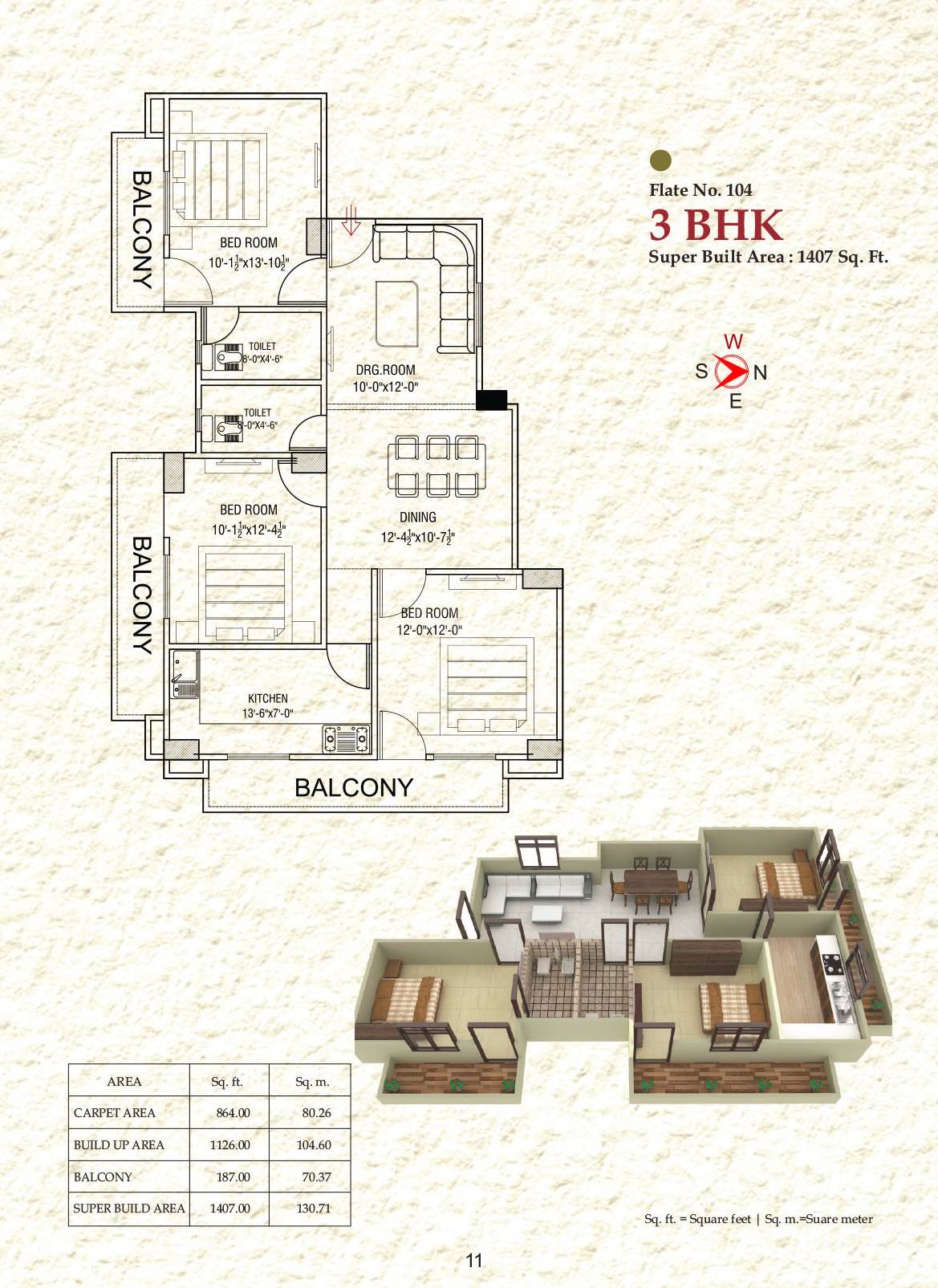 Floor plan of 3 BHK 1407 Sq. Ft. Apartment in SJRS Infracity, Varanasi