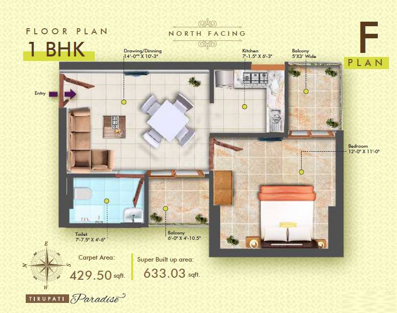 Floor plan of 1 BHK 633 Sq. Ft. Apartment in Tirupati Paradise Varanasi, Varanasi