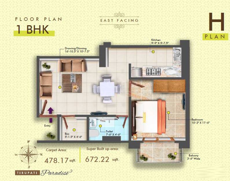 Floor plan of 1 BHK 672 Sq. Ft. Apartment in Tirupati Paradise Varanasi, Varanasi
